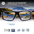 black/blue, Clear Anti-Scratch | front view with scenic landscape reflection | Full Frame Safety Glasses — GE PPE 04 Series, Anti-Fog, ANSI Z87.1 | GE104C