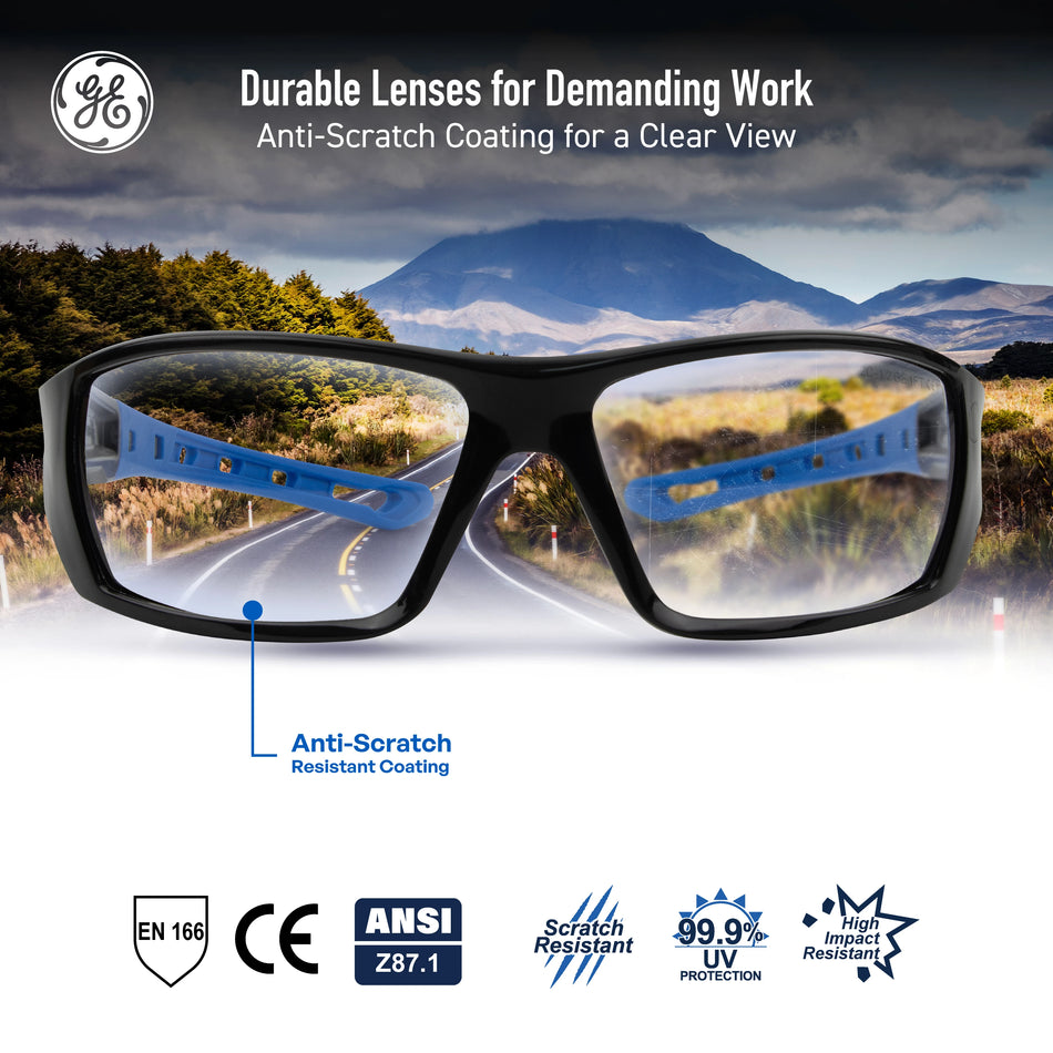 black/blue, Clear Anti-Scratch | front view with scenic landscape reflection | Full Frame Safety Glasses — GE PPE 04 Series, Anti-Fog, ANSI Z87.1 | GE104C