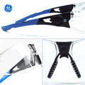 black/blue, Clear Anti-Fog | side angle with detail close-ups below | Frameless Safety Glasses — GE PPE 05 Series, ANSI Z87.1 & EN 166 | GE205CAF