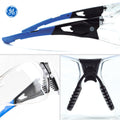 black/blue, Clear Anti-Scratch | side angle with detail close-ups below | Frameless Safety Glasses — GE PPE 05 Series, ANSI Z87.1 & EN 166 | GE205C