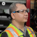 black/blue, Clear Anti-Fog | side profile view on wearer | Frameless Safety Glasses — GE PPE 05 Series, ANSI Z87.1 & EN 166 | GE205CAF