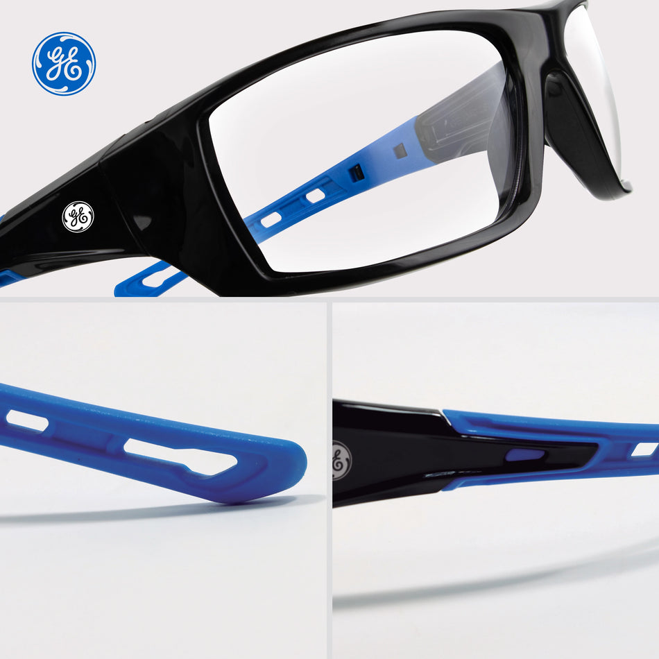 black/blue, Clear Anti-Scratch | three-quarter view with detail close-ups | Full Frame Safety Glasses — GE PPE 04 Series, Anti-Fog, ANSI Z87.1 | GE104C
