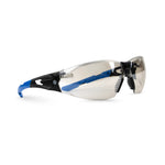 black/blue, I/O Mirror Anti-Fog | side angle view with blue accents | Frameless Safety Glasses — GE PPE 05 Series, ANSI Z87.1 & EN 166 | GE205MAF