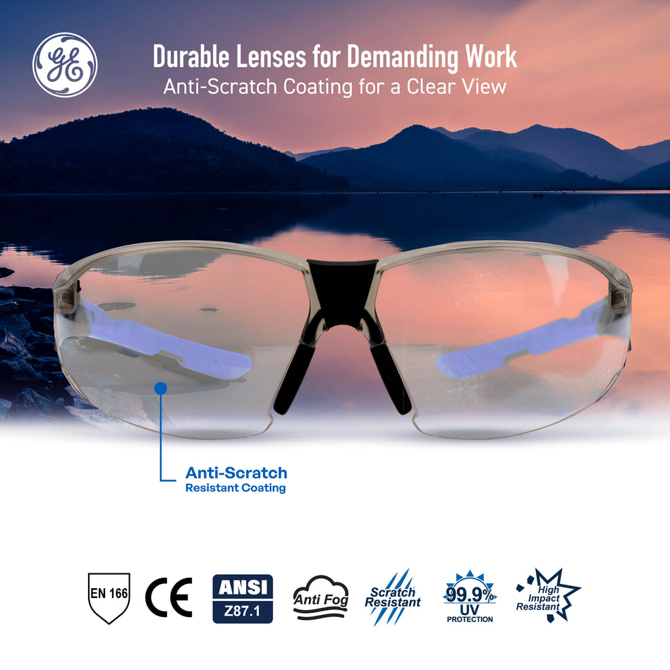 black/blue, I/O Mirror Anti-Fog | front view with scenic background reflection | Frameless Safety Glasses — GE PPE 05 Series, ANSI Z87.1 & EN 166 | GE205MAF