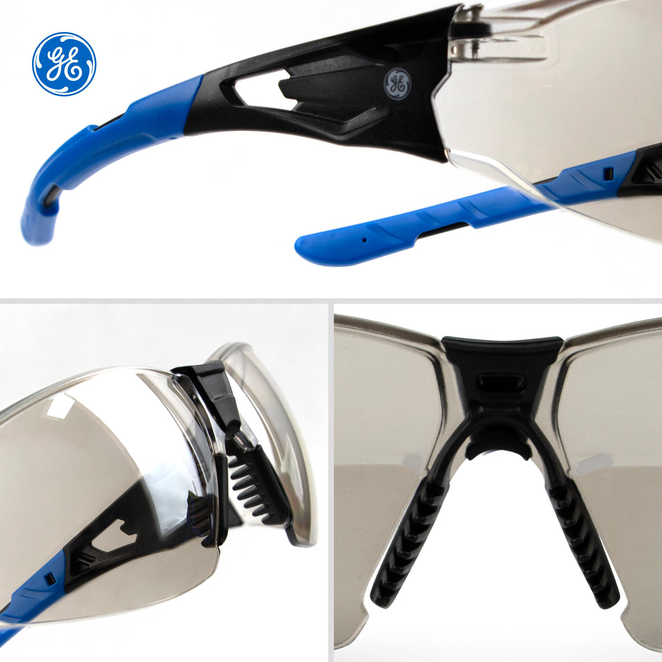 black/blue, I/O Mirror Anti-Fog | multiple angles showing frame and lens detail | Frameless Safety Glasses — GE PPE 05 Series, ANSI Z87.1 & EN 166 | GE205MAF