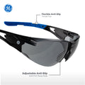 black/blue, Smoke Anti-Fog | three-quarter angle view highlighting features | Frameless Safety Glasses — GE PPE 05 Series, ANSI Z87.1 & EN 166 | GE205SAF