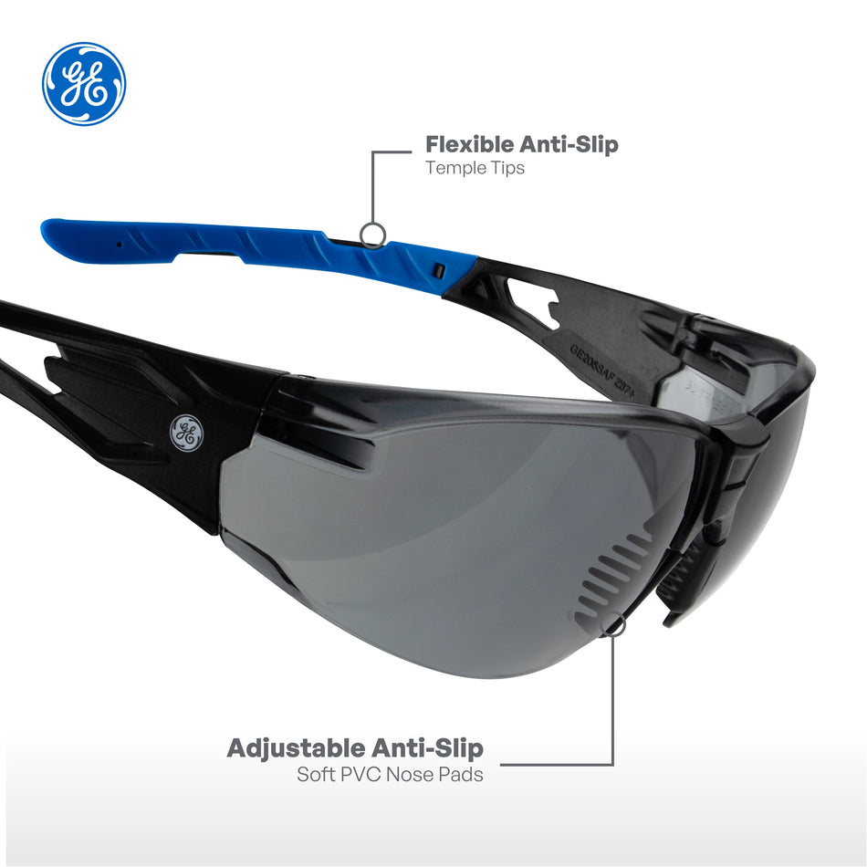 black/blue, Smoke Anti-Fog | three-quarter angle view highlighting features | Frameless Safety Glasses — GE PPE 05 Series, ANSI Z87.1 & EN 166 | GE205SAF