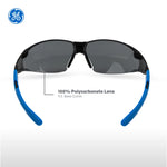 black/blue, Smoke Anti-Fog | front view with blue temple arms | Frameless Safety Glasses — GE PPE 05 Series, ANSI Z87.1 & EN 166 | GE205SAF