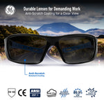 black/blue, Smoke Anti-Fog | front view with mountain landscape background | Full Frame Safety Glasses — GE PPE 04 Series, Anti-Fog, ANSI Z87.1 | GE104SAF