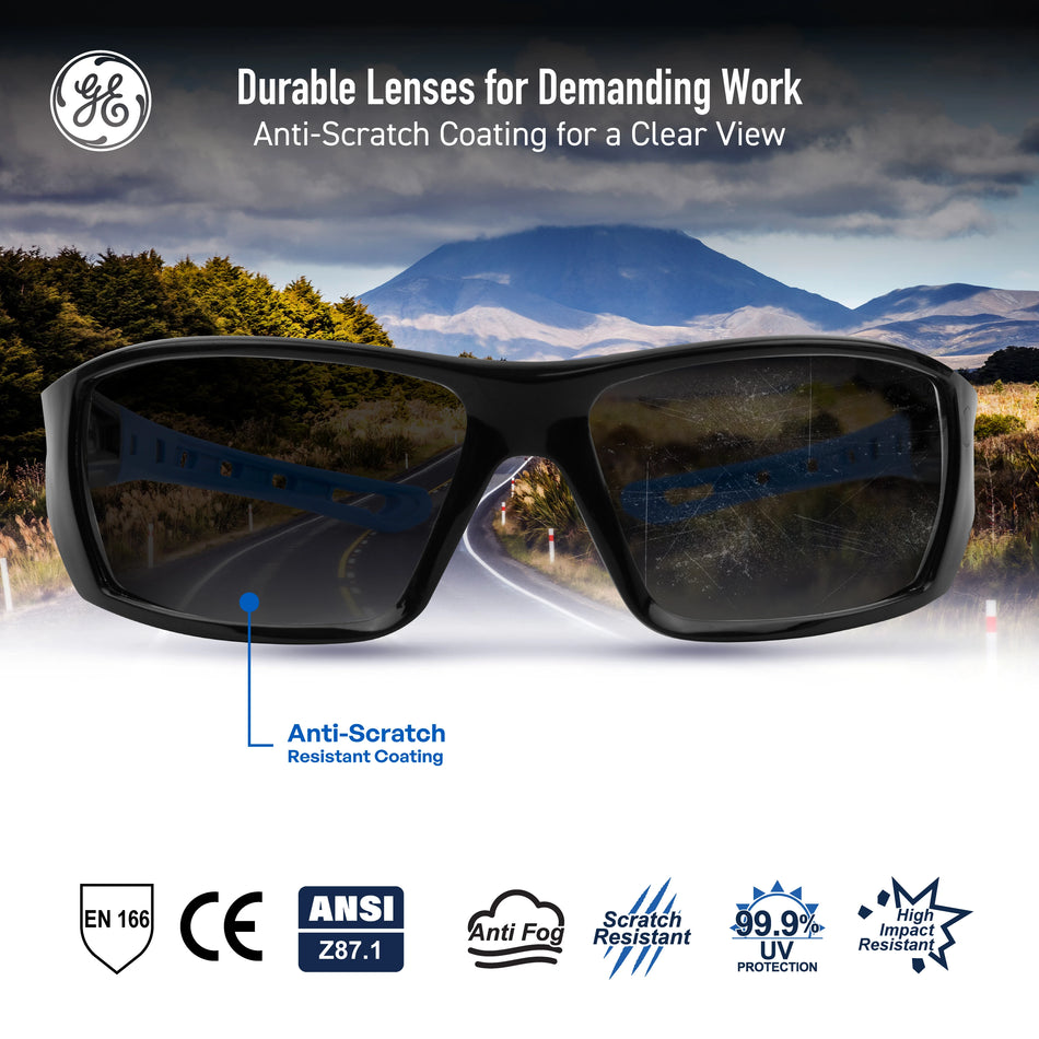 black/blue, Smoke Anti-Fog | front view with mountain landscape background | Full Frame Safety Glasses — GE PPE 04 Series, Anti-Fog, ANSI Z87.1 | GE104SAF