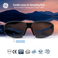 black/blue, Smoke Anti-Fog | front view with scenic background reflection | Frameless Safety Glasses — GE PPE 05 Series, ANSI Z87.1 & EN 166 | GE205SAF