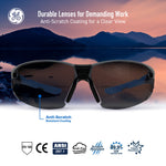 black/blue, Smoke Anti-Fog | front view with scenic background reflection | Frameless Safety Glasses — GE PPE 05 Series, ANSI Z87.1 & EN 166 | GE205SAF