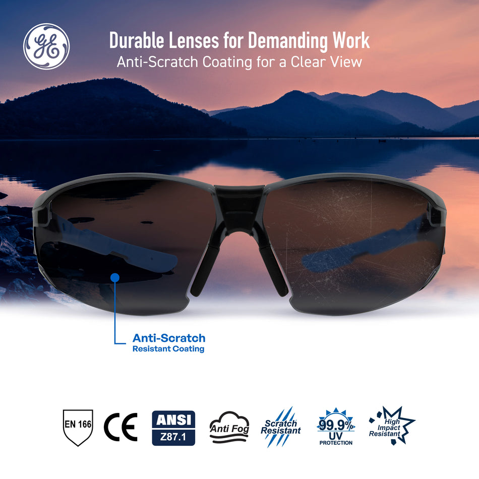 black/blue, Smoke Anti-Fog | front view with scenic background reflection | Frameless Safety Glasses — GE PPE 05 Series, ANSI Z87.1 & EN 166 | GE205SAF