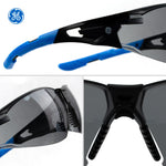 black/blue, Smoke Anti-Fog | multiple angles showing design details | Frameless Safety Glasses — GE PPE 05 Series, ANSI Z87.1 & EN 166 | GE205SAF