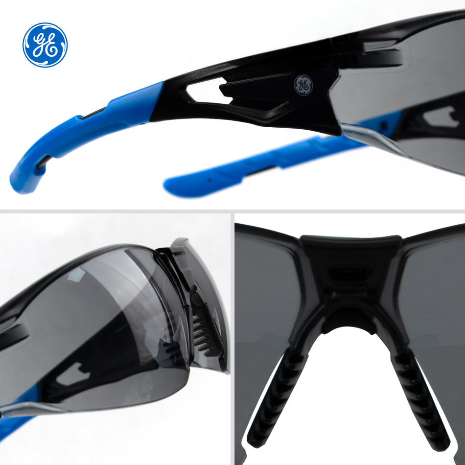 black/blue, Smoke Anti-Fog | multiple angles showing design details | Frameless Safety Glasses — GE PPE 05 Series, ANSI Z87.1 & EN 166 | GE205SAF
