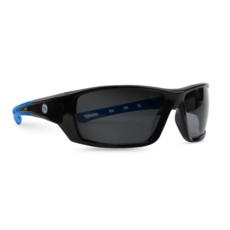 black/blue, Smoke Anti-Fog | side view with blue temple accent | Full Frame Safety Glasses — GE PPE 04 Series, Anti-Fog, ANSI Z87.1 | GE104SAF