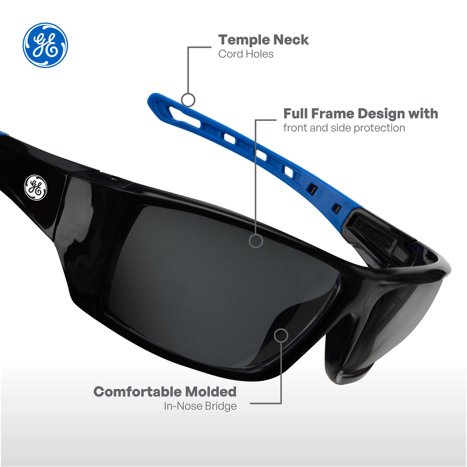 black/blue, Smoke Anti-Fog | three-quarter angle showing frame features | Full Frame Safety Glasses — GE PPE 04 Series, Anti-Fog, ANSI Z87.1 | GE104SAF