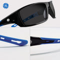black/blue, Smoke Anti-Fog | three-quarter front view with detail shots | Full Frame Safety Glasses — GE PPE 04 Series, Anti-Fog, ANSI Z87.1 | GE104SAF
