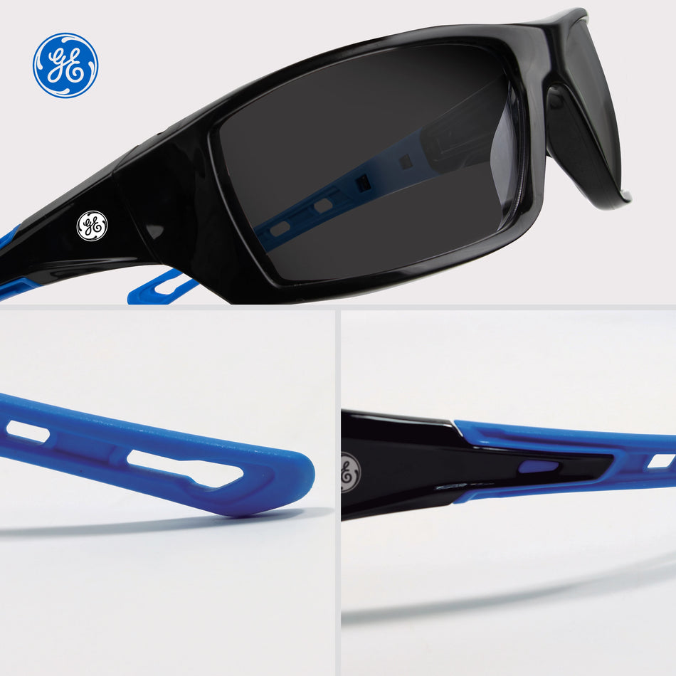 black/blue, Smoke Anti-Fog | three-quarter front view with detail shots | Full Frame Safety Glasses — GE PPE 04 Series, Anti-Fog, ANSI Z87.1 | GE104SAF