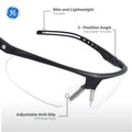 black, Clear Anti-Fog | front three-quarter view with feature callouts | Wrap-Around Half-Frame Safety Glasses — GE PPE 08 Series, Anti-Fog, ANSI Z87.1 | GE208CAF