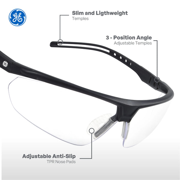 black, Clear Anti-Fog | front three-quarter view with feature callouts | Wrap-Around Half-Frame Safety Glasses — GE PPE 08 Series, Anti-Fog, ANSI Z87.1 | GE208CAF