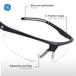 black, Clear Anti-Fog | front three-quarter view with feature callouts | Wrap-Around Half-Frame Safety Glasses — GE PPE 08 Series, Anti-Fog, ANSI Z87.1 | GE208CAF