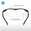 black, Clear Anti-Fog | front view with feature annotations labeled | Wrap-Around Safety Glasses — GE PPE 01 Series, ANSI Z87.1 | GE201CAF