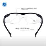black, Clear Anti-Fog | front view with feature annotations labeled | Wrap-Around Safety Glasses — GE PPE 01 Series, ANSI Z87.1 | GE201CAF