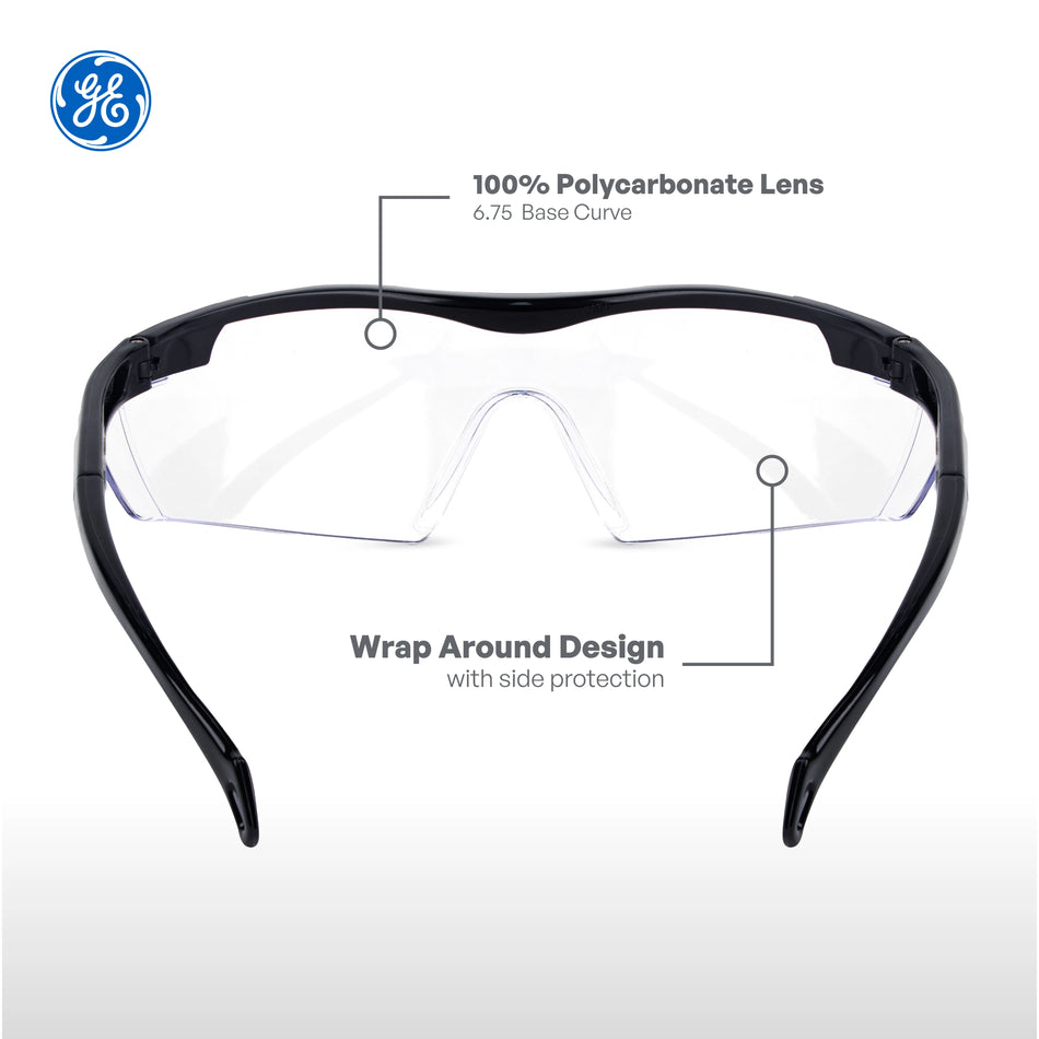 black, Clear Anti-Fog | front view with feature annotations labeled | Wrap-Around Safety Glasses — GE PPE 01 Series, ANSI Z87.1 | GE201CAF