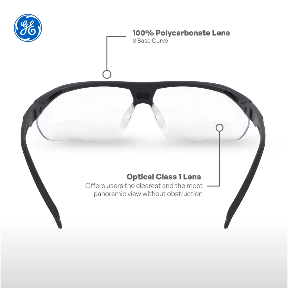 black, Clear Anti-Fog | front view with labeled lens features | Wrap-Around Half-Frame Safety Glasses — GE PPE 08 Series, Anti-Fog, ANSI Z87.1 | GE208CAF