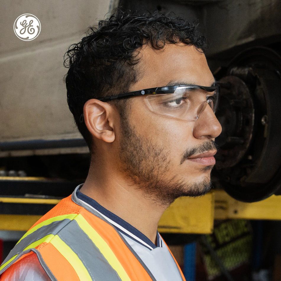 black, Clear Anti-Fog | side profile view worn by model | Wrap-Around Safety Glasses — GE PPE 01 Series, ANSI Z87.1 | GE201CAF