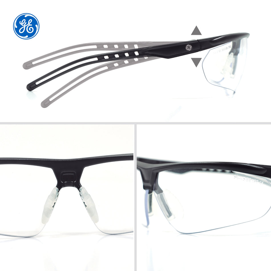 black, Clear Anti-Fog | side view with multiple detail angles | Wrap-Around Half-Frame Safety Glasses — GE PPE 08 Series, Anti-Fog, ANSI Z87.1 | GE208CAF