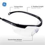 black, Clear Anti-Fog | top view with labeled features highlighted | Wrap-Around Safety Glasses — GE PPE 01 Series, ANSI Z87.1 | GE201CAF