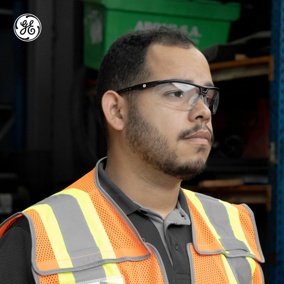 black, Clear Anti-Fog | model wearing safety glasses side profile | Wrap-Around Half-Frame Safety Glasses — GE PPE 08 Series, Anti-Fog, ANSI Z87.1 | GE208CAF