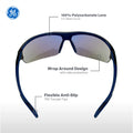 black/indigo, Blue Mirror Anti-Fog | front view with feature callouts labeled | Anti-Fog Wrap-Around Safety Glasses — GE PPE 09 Series, ANSI Z87.1 & EN 166 | GE109BAF