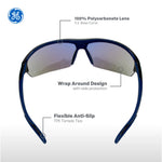 black/indigo, Blue Mirror Anti-Fog | front view with feature callouts labeled | Anti-Fog Wrap-Around Safety Glasses — GE PPE 09 Series, ANSI Z87.1 & EN 166 | GE109BAF