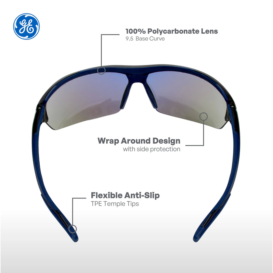 black/indigo, Blue Mirror Anti-Fog | front view with feature callouts labeled | Anti-Fog Wrap-Around Safety Glasses — GE PPE 09 Series, ANSI Z87.1 & EN 166 | GE109BAF