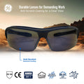 black/indigo, Blue Mirror Anti-Fog | front view with outdoor background scene | Anti-Fog Wrap-Around Safety Glasses — GE PPE 09 Series, ANSI Z87.1 & EN 166 | GE109BAF