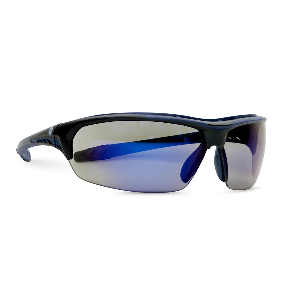 black/indigo, Blue Mirror Anti-Fog | side view showing lens and frame design | Anti-Fog Wrap-Around Safety Glasses — GE PPE 09 Series, ANSI Z87.1 & EN 166 | GE109BAF