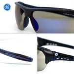 black/indigo, Blue Mirror Anti-Fog | three-quarter view with detail shots included | Anti-Fog Wrap-Around Safety Glasses — GE PPE 09 Series, ANSI Z87.1 & EN 166 | GE109BAF