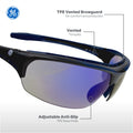 black/indigo, Blue Mirror Anti-Fog | three-quarter view with feature callouts | Anti-Fog Wrap-Around Safety Glasses — GE PPE 09 Series, ANSI Z87.1 & EN 166 | GE109BAF