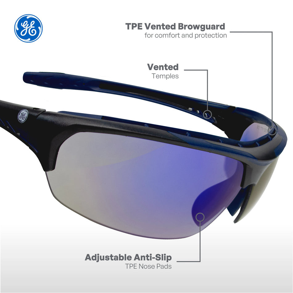 black/indigo, Blue Mirror Anti-Fog | three-quarter view with feature callouts | Anti-Fog Wrap-Around Safety Glasses — GE PPE 09 Series, ANSI Z87.1 & EN 166 | GE109BAF