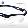 black/indigo, Clear Anti-Fog | angled side view highlighting protective features | Wrap-Around Safety Glasses — GE PPE 10 Series, Anti-Fog, ANSI Z87.1 | GE210CAF