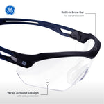 black/indigo, Clear Anti-Fog | angled side view highlighting protective features | Wrap-Around Safety Glasses — GE PPE 10 Series, Anti-Fog, ANSI Z87.1 | GE210CAF