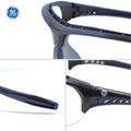 black/indigo, Clear Anti-Fog | close-up detail of frame and temple design | Anti-Fog Wrap-Around Safety Glasses — GE PPE 09 Series, ANSI Z87.1 & EN 166 | GE109CAF