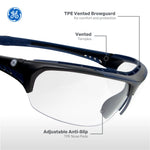 black/indigo, Clear Anti-Fog | front view with coating comparison detail | Anti-Fog Wrap-Around Safety Glasses — GE PPE 09 Series, ANSI Z87.1 & EN 166 | GE109CAF