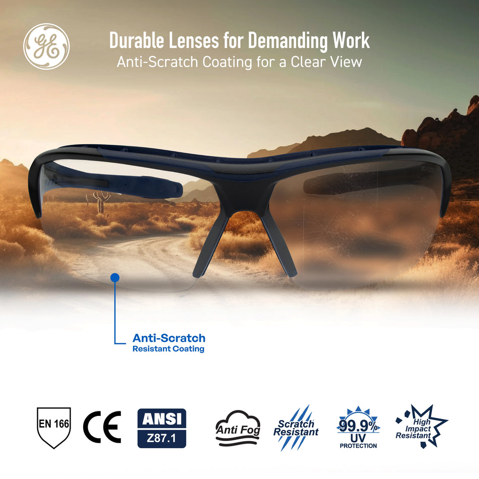 black/indigo, Clear Anti-Fog | front view with desert landscape background | Anti-Fog Wrap-Around Safety Glasses — GE PPE 09 Series, ANSI Z87.1 & EN 166 | GE109CAF