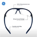 black/indigo, Clear Anti-Fog | front view with feature callouts labeled | Anti-Fog Wrap-Around Safety Glasses — GE PPE 09 Series, ANSI Z87.1 & EN 166 | GE109CAF