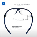 black/indigo, Clear Anti-Fog | front view with feature callouts labeled | Anti-Fog Wrap-Around Safety Glasses — GE PPE 09 Series, ANSI Z87.1 & EN 166 | GE109CAF