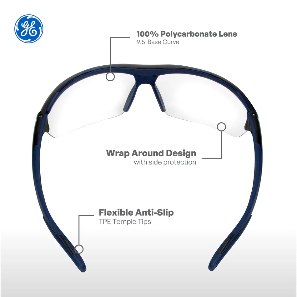 black/indigo, Clear Anti-Fog | front view with feature callouts labeled | Anti-Fog Wrap-Around Safety Glasses — GE PPE 09 Series, ANSI Z87.1 & EN 166 | GE109CAF